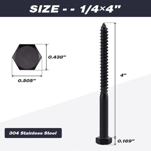 10-Sets 1/4 x 4 Hex Lag Screws and 1/4" ID Flat Washers, 304 Stainless Steel 18/8, Black Coated, Heavy Duty Wood Screws for Deck/Fence/Floor, by AOESIN in Saudi Arabia