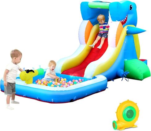 شريحة مياه قابلة للنفخ ، منزل ترتد للأطفال الخلفية ، طفل صغير يفجر الحارس بمنفاخ الهواء ، منطقة دفقة ، جدار التسلق ، مدفع الماء للحفلة in Kuwait