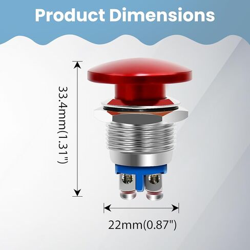 Red Mushroom Head Momentary Push Button Switch IP65 Waterproof 12V 24V 110V 250V AC DC 5A SPST (22mm) in Saudi Arabia