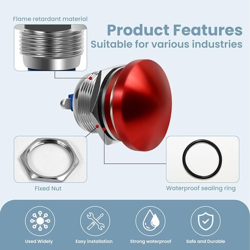 Red Mushroom Head Momentary Push Button Switch IP65 Waterproof 12V 24V 110V 250V AC DC 5A SPST (22mm) in Saudi Arabia