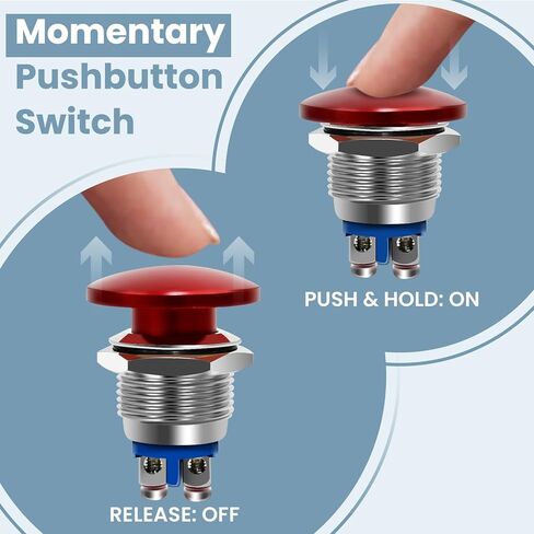 Red Mushroom Head Momentary Push Button Switch IP65 Waterproof 12V 24V 110V 250V AC DC 5A SPST (22mm) in Saudi Arabia