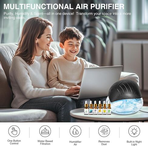 منقي هواء مائي للمنزل مع موزع ومرطب للزيوت العطرية، غسالة هواء قوس قزح مع ضوء LED للمزاج - يتضمن 6 × 10 مل من الزيوت العطرية، منشط الهواء للدخان والحيوانات الأليفة، أسود in Kuwait