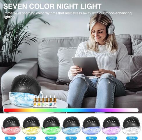 منقي هواء مائي للمنزل مع موزع ومرطب للزيوت العطرية، غسالة هواء قوس قزح مع ضوء LED للمزاج - يتضمن 6 × 10 مل من الزيوت العطرية، منشط الهواء للدخان والحيوانات الأليفة، أسود in Kuwait