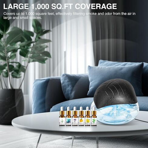 منقي هواء مائي للمنزل مع موزع ومرطب للزيوت العطرية، غسالة هواء قوس قزح مع ضوء LED للمزاج - يتضمن 6 × 10 مل من الزيوت العطرية، منشط الهواء للدخان والحيوانات الأليفة، أسود in Kuwait