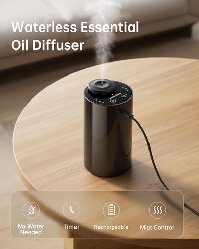 Waterless Essential Oil Diffuser with 4 x 10mL Hotel Scent Fragrance Oils, Rechargeable Car Diffuser Air Freshener Machine, 3 Timer & 3 Mist Modes, Aromatherapy Kit for Home in Kuwait
