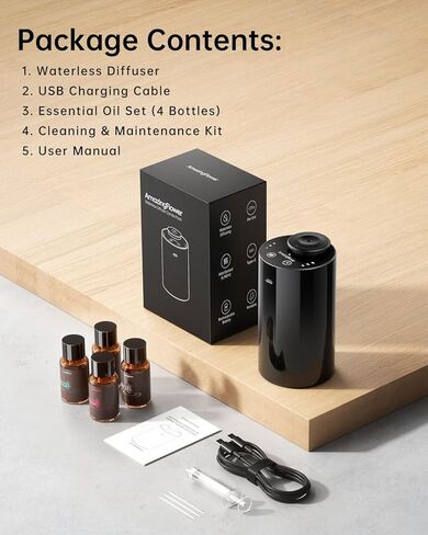 Waterless Essential Oil Diffuser with 4 x 10mL Hotel Scent Fragrance Oils, Rechargeable Car Diffuser Air Freshener Machine, 3 Timer & 3 Mist Modes, Aromatherapy Kit for Home in Kuwait