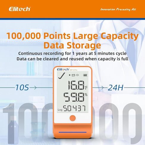 Elitech ISO 17025 Certified Bluetooth Data Logger Ultra Low Temperature Humidity with 100000 Points Data Storage Export, Pharmacy Vaccine DDL, MAX MIN AVR MKT, GSP-6Pro-TLE-ISO in Kuwait