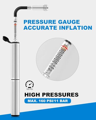مضخة دراجة صغيرة مع مقياس من JULAI، مضخة إطار يدوية محمولة - منفاخ إطار الدراجة بإبرة كروية - تناسب صمامات بريستا وشرايدر - خفيفة الوزن لدراجات الطرق الجبلية ودراجات BMX - ضغط عالي 160 رطل لكل بوصة مربعة in Kuwait