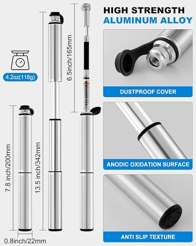 مضخة دراجة صغيرة مع مقياس من JULAI، مضخة إطار يدوية محمولة - منفاخ إطار الدراجة بإبرة كروية - تناسب صمامات بريستا وشرايدر - خفيفة الوزن لدراجات الطرق الجبلية ودراجات BMX - ضغط عالي 160 رطل لكل بوصة مربعة in Kuwait