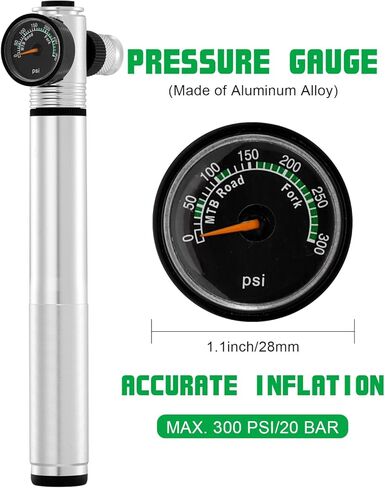 Mini Bike Pump with Gauge 300 PSI High Pressure - Manual Hand Pump for Bicycle Tires & MTB Suspension, Presta/Schrader Dual Valve, Ultra-Compact Frame Pump (7.1 Inch, 3.2oz in Kuwait