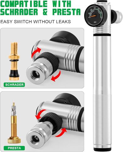 Mini Bike Pump with Gauge 300 PSI High Pressure - Manual Hand Pump for Bicycle Tires & MTB Suspension, Presta/Schrader Dual Valve, Ultra-Compact Frame Pump (7.1 Inch, 3.2oz in Kuwait