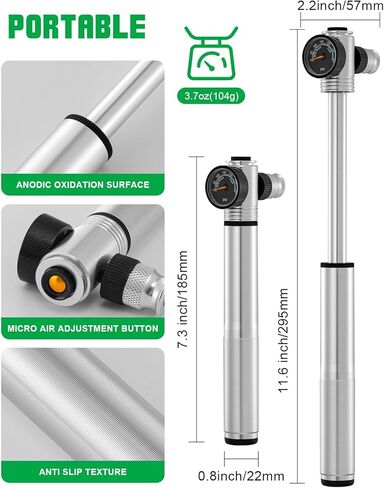 Mini Bike Pump with Gauge 300 PSI High Pressure - Manual Hand Pump for Bicycle Tires & MTB Suspension, Presta/Schrader Dual Valve, Ultra-Compact Frame Pump (7.1 Inch, 3.2oz in Kuwait