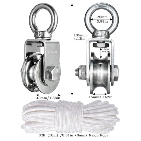 كتلة بكرة الكابل من الفولاذ المقاوم للصدأ شديد التحمل، تحمل من الداخل بحبل نايلون بطول 32 قدمًا (10 متر) 0.31 بوصة (8 مم)، عجلة بكرة واحدة دوارة، جيدة لنظام حياة البكرة، تمرين معدات الصالة الرياضية، عبوة واحدة in Kuwait