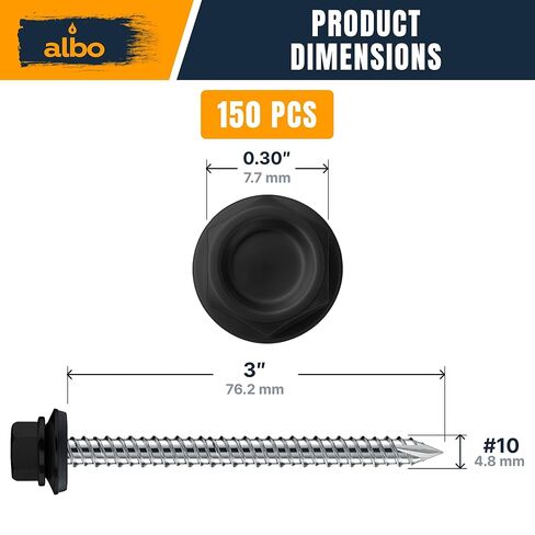 مسامير السقف المعدنية ALBO #10 × 3 بوصة، 150 قطعة من براغي السقف المعدنية ذات الرأس السداسي المطلية باللون الأسود، براغي معدنية ذاتية التشغيل من المعدن إلى الخشب، غسالات مطاطية EDPM in Kuwait