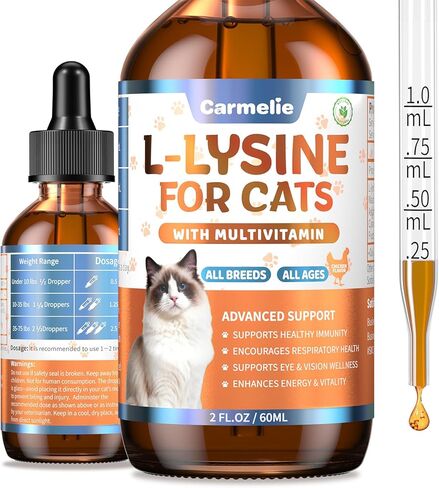 L-Lysine Supplement for Cats - Immune & Respiratory Support for Feline Health - Promotes Eye Function, Reduces Sneezing & Runny Nose - Natural Defense Boost - Roast Chicken Flavor, 60ML in Kuwait