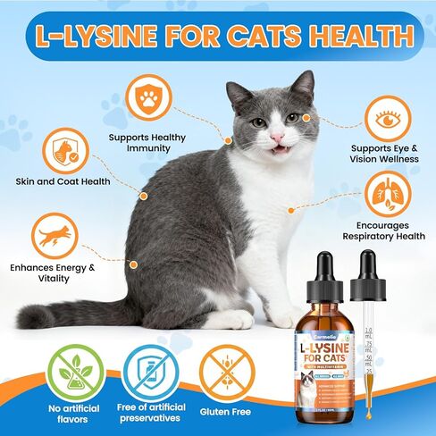 L-Lysine Supplement for Cats - Immune & Respiratory Support for Feline Health - Promotes Eye Function, Reduces Sneezing & Runny Nose - Natural Defense Boost - Roast Chicken Flavor, 60ML in Kuwait