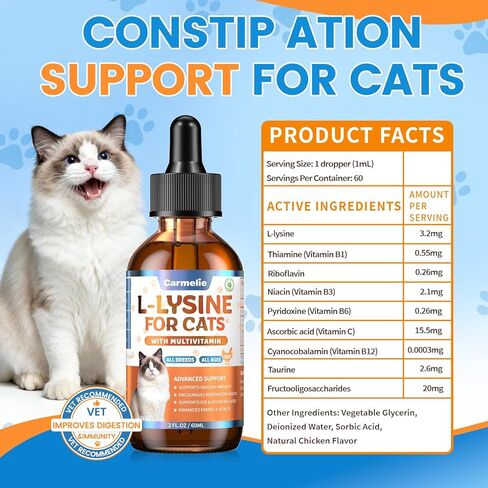 L-Lysine Supplement for Cats - Immune & Respiratory Support for Feline Health - Promotes Eye Function, Reduces Sneezing & Runny Nose - Natural Defense Boost - Roast Chicken Flavor, 60ML in Kuwait