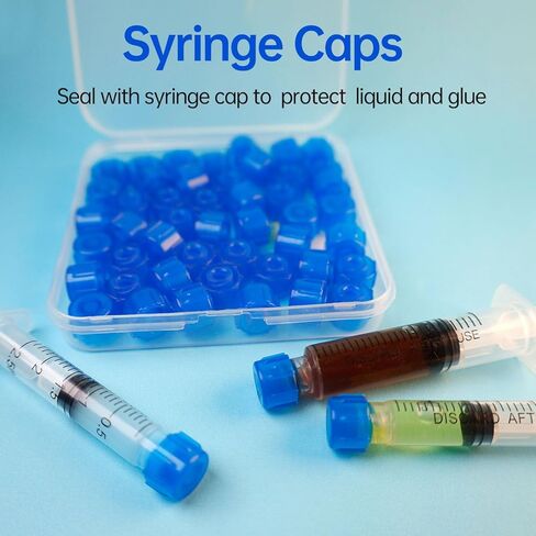 100 Pcs Syringe Tip Caps with Storage Box - Fits Luer Lock & Luer Slip Syringes Cap, Easy Dispensing for Feeding Tubes & Lab Use, Non-Sterile, Blue in Kuwait