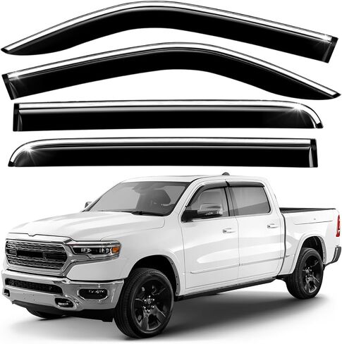 Window Deflectors Chrome Trim Tape-On Side Window Vent Visor Deflectors Smoke Tinted Rain Guards Compatible with Dodge Ram 1500 2019-2025 Crew Cab - 4pcs. GW0991 in Kuwait