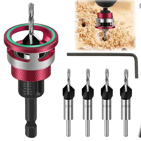 Countersink Drill Bit Set with Depth Stop, 1/4" Quick Change Hex Shank, Aluminum Alloy Stop Collar, HSS M2 Bits Head & Hex Wrench, Counter Sink Drill Bit for Wood for Wood, Plastic, Woodworking in Saudi Arabia