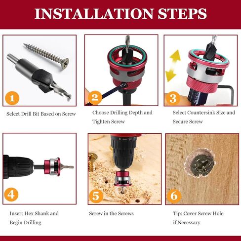 Countersink Drill Bit Set with Depth Stop, 1/4" Quick Change Hex Shank, Aluminum Alloy Stop Collar, HSS M2 Bits Head & Hex Wrench, Counter Sink Drill Bit for Wood for Wood, Plastic, Woodworking in Saudi Arabia