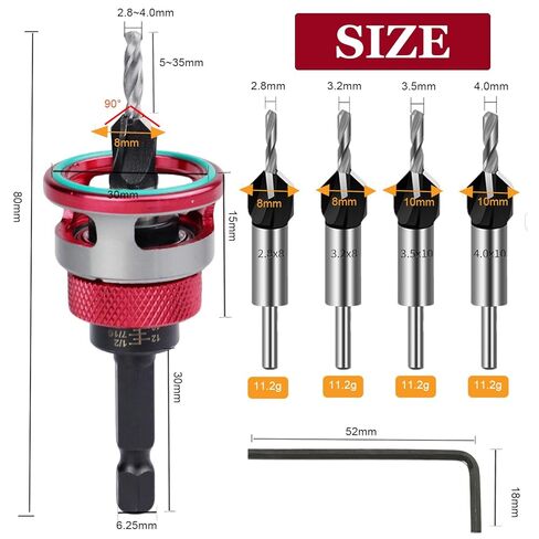 Countersink Drill Bit Set with Depth Stop, 1/4" Quick Change Hex Shank, Aluminum Alloy Stop Collar, HSS M2 Bits Head & Hex Wrench, Counter Sink Drill Bit for Wood for Wood, Plastic, Woodworking in Saudi Arabia