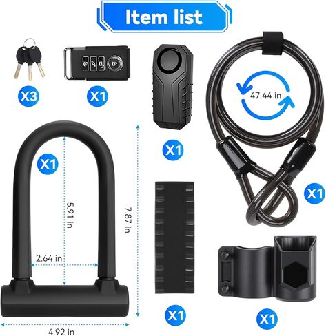 Bike U Lock with 113dB Alarm System, Heavy Duty Bike Lock with 4ft Security Cable & 17mm Shackle Bicycle Lock Mounting Bracket 3 Keys, IP65 Waterproof Anti-Theft U Lock for Electric Bikes, Scooter in Kuwait