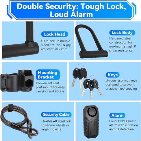 Bike U Lock with 113dB Alarm System, Heavy Duty Bike Lock with 4ft Security Cable & 17mm Shackle Bicycle Lock Mounting Bracket 3 Keys, IP65 Waterproof Anti-Theft U Lock for Electric Bikes, Scooter in Kuwait