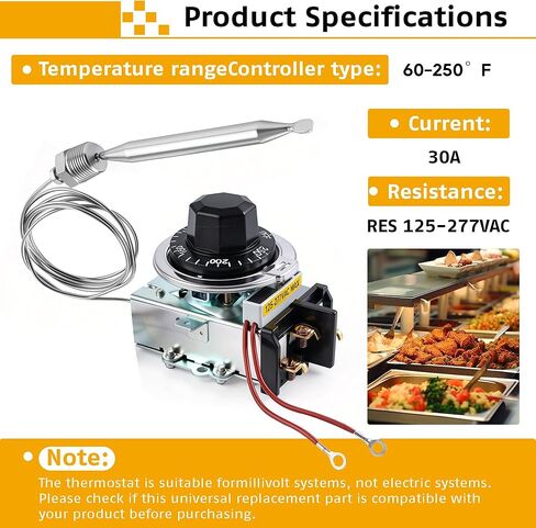 منظم حرارة D1/D18 لطاولة البخار، 30A RES 125-277VAC، 60-250 درجة فهرنهايت، قطعة بديلة مع لمبة 3/8 بوصة × 4-1/2 بوصة، التحكم في درجة حرارة طاولة البوفيه، متوافق مع معظم العلامات التجارية لطاولة البخار وطاولة البوفيه in Kuwait