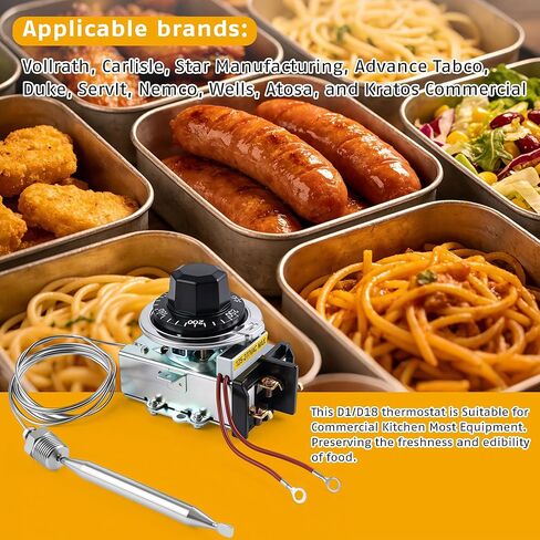منظم حرارة D1/D18 لطاولة البخار، 30A RES 125-277VAC، 60-250 درجة فهرنهايت، قطعة بديلة مع لمبة 3/8 بوصة × 4-1/2 بوصة، التحكم في درجة حرارة طاولة البوفيه، متوافق مع معظم العلامات التجارية لطاولة البخار وطاولة البوفيه in Kuwait