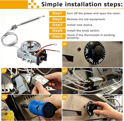 منظم حرارة D1/D18 لطاولة البخار، 30A RES 125-277VAC، 60-250 درجة فهرنهايت، قطعة بديلة مع لمبة 3/8 بوصة × 4-1/2 بوصة، التحكم في درجة حرارة طاولة البوفيه، متوافق مع معظم العلامات التجارية لطاولة البخار وطاولة البوفيه in Kuwait