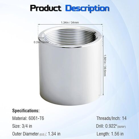 3/4 "NPT اقتران كامل ملولب من الألومنيوم 6061-T جدول 40 تركيب الأنابيب، تركيب محول موصل مقرنة الأنابيب الأنثوية، معيار ANSI/ASME B1.20.1، لتطبيقات الهواء والماء والغاز والنفط in Kuwait