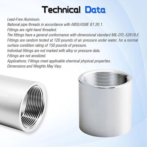 3/4 "NPT اقتران كامل ملولب من الألومنيوم 6061-T جدول 40 تركيب الأنابيب، تركيب محول موصل مقرنة الأنابيب الأنثوية، معيار ANSI/ASME B1.20.1، لتطبيقات الهواء والماء والغاز والنفط in Kuwait