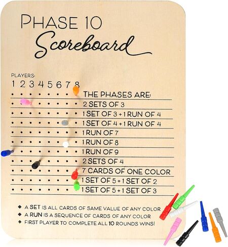 Wooden Phase 10 Score Board with Round Tracker – Reusable Score Keeper for Phase 10 Card Game, Family Game Night, Travel & Parties – Includes 8 Colored Pegs in Kuwait