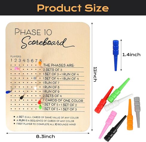 Wooden Phase 10 Score Board with Round Tracker – Reusable Score Keeper for Phase 10 Card Game, Family Game Night, Travel & Parties – Includes 8 Colored Pegs in Kuwait