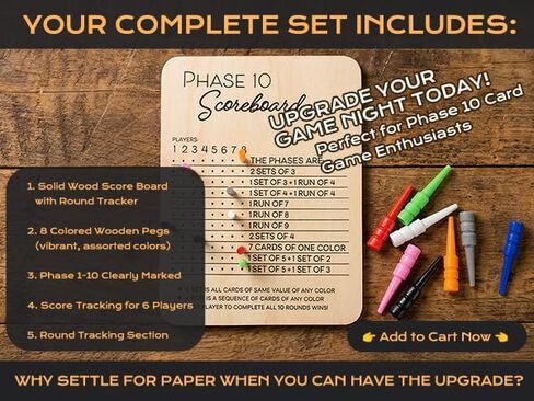 Wooden Phase 10 Score Board with Round Tracker – Reusable Score Keeper for Phase 10 Card Game, Family Game Night, Travel & Parties – Includes 8 Colored Pegs in Kuwait