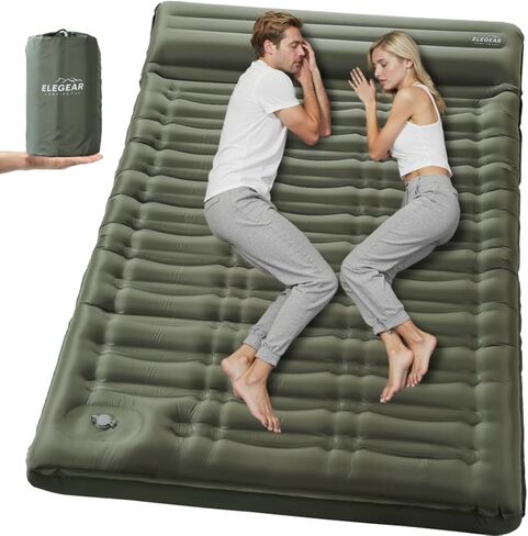 Elegear Double Sleeping Pad for Camping, 4" Ultra-Thick Self Inflating Camping Pad 2 Person with Pillow Built-in Foot Pump, Portable Camping Sleeping Mat for Backpacking, Hiking, Tent(Army Green Full) in Kuwait