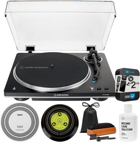 Audio-Technica AT-LP70XBT-BS Automatic Wireless Belt-Drive Turntable, Black/Silver Bundle with 2 YR CPS Enhanced Protection Pack, Record Care Solution, Cleaning Kit, Stroboscope and Record Stabilizer in Saudi Arabia