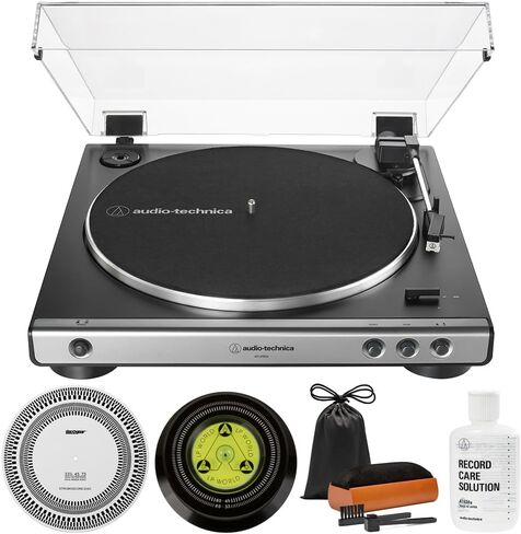 Audio-Technica AT-LP60X-GM Fully Automatic Belt-Drive Turntable 33-1/3 & 45 RPM -Gunmetal/Black Bundle with Record Care Solution, Deco Gear Cleaning Kit, Stroboscope and Record Stabilizer in Saudi Arabia