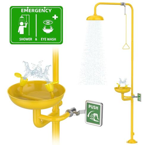 Emergency Shower Eye Wash Station, OSHA Approved Eyewash Station with Shower, First Aid Shower Combination Kit, Industrial Grade with Emergency Sign, 304 Stainless Steel Yellow ABS Coating in Kuwait