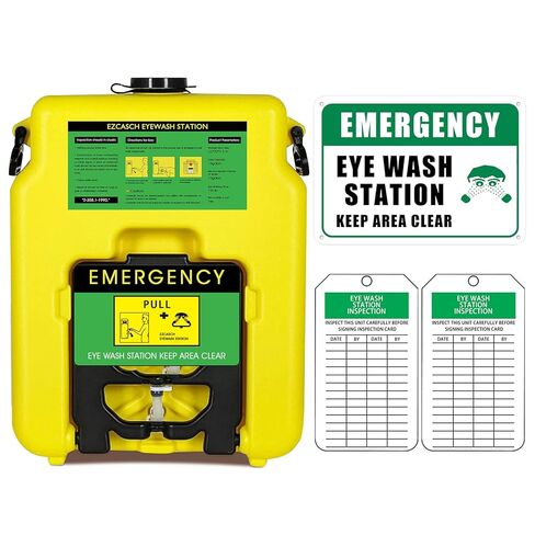 Portable Eyewash Station 14-Gallon OSHA Approved with One Station Sign and Two Inspection Tags, Wall Mounted Gravity-Flow Indoors and Out, 53L Refillable Eyewash Station Heavy Duty, Yellow in Kuwait