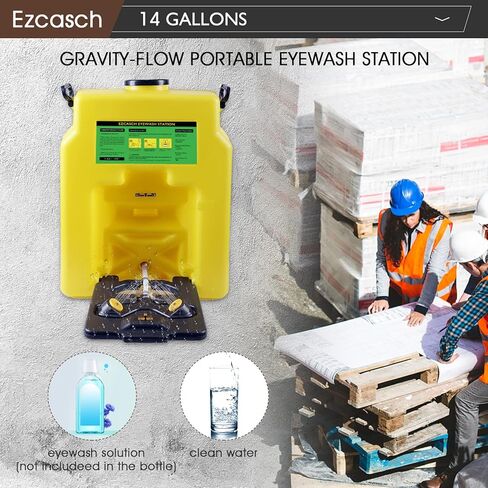 Portable Eyewash Station 14-Gallon OSHA Approved with One Station Sign and Two Inspection Tags, Wall Mounted Gravity-Flow Indoors and Out, 53L Refillable Eyewash Station Heavy Duty, Yellow in Kuwait