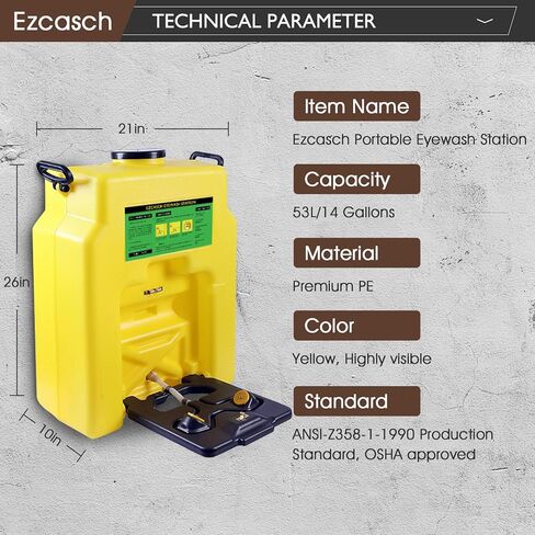 Portable Eyewash Station 14-Gallon OSHA Approved with One Station Sign and Two Inspection Tags, Wall Mounted Gravity-Flow Indoors and Out, 53L Refillable Eyewash Station Heavy Duty, Yellow in Kuwait