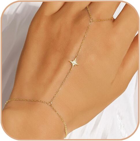 Diamond Gold Bracelet Rings Hand Chain for Women, 925 Sterling Silver White CZ Heart Finger 14k Gold Plated Dainty Trendy Layered Stackable Link Chain Ring Bracelet Body Summer Jewelry Christmas Wedding Gift in Saudi Arabia