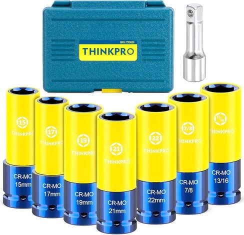1/2 inch Drive Impact Lug Nut Socket,8 Pieces Non-Marring Lug Nut Socket Set,Thin Wall Wheel Protector Socket Set Metric 15 17 19 21 22 MM & SAE 13/16 7/8 in. (yellow) in Kuwait