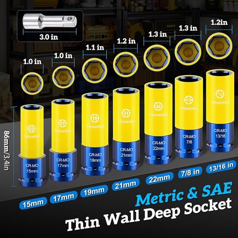 1/2 inch Drive Impact Lug Nut Socket,8 Pieces Non-Marring Lug Nut Socket Set,Thin Wall Wheel Protector Socket Set Metric 15 17 19 21 22 MM & SAE 13/16 7/8 in. (yellow) in Kuwait