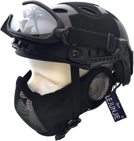 خوذة سريعة تكتيكية من النوع PJ وواقي شبكي نصف وجه قابل للطي مع حماية للأذن وحزام ذقن قابل للتعديل ومجموعة حماية كاملة للوجه لبندقية كرات الطلاء BB in Kuwait