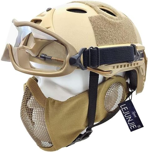 PJ Type Tactical Airsoft Fast Helmet and Foldable Half Face Mesh Guard with Ear Protection Adjustable Chin Strap Full Face Protection Set for Paintball BB Gun in Saudi Arabia