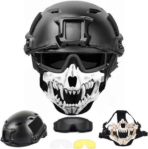 PJ Type Tactical Airsoft Fast Helmet and Foldable Half Face Mesh Guard with Ear Protection Adjustable Chin Strap Full Face Protection Set for Paintball BB Gun in Saudi Arabia