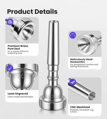 Trumpet Mouthpiece Set Vaccum Packed with Box, 3C 5C 7C Silver Plated Bb Trompeta Mouthpiece Compatible with Beginners, Intermediate, Professionals in Kuwait